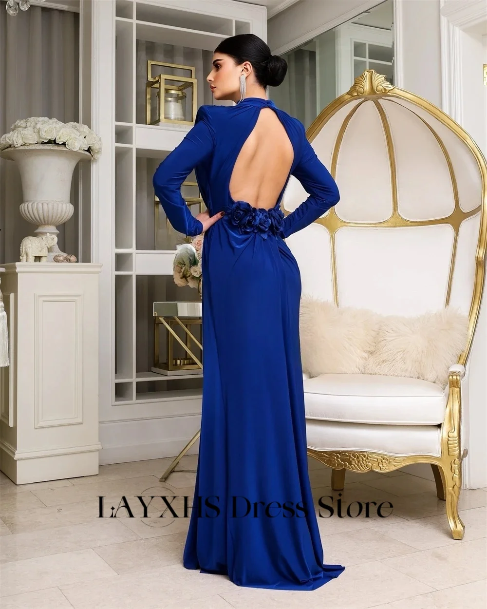 LAYXHS Vestidos de noite elegantes azul marinho, gola redonda, mangas compridas, costas nuas, flores 3D, linha A, vestidos formais de baile personalizados