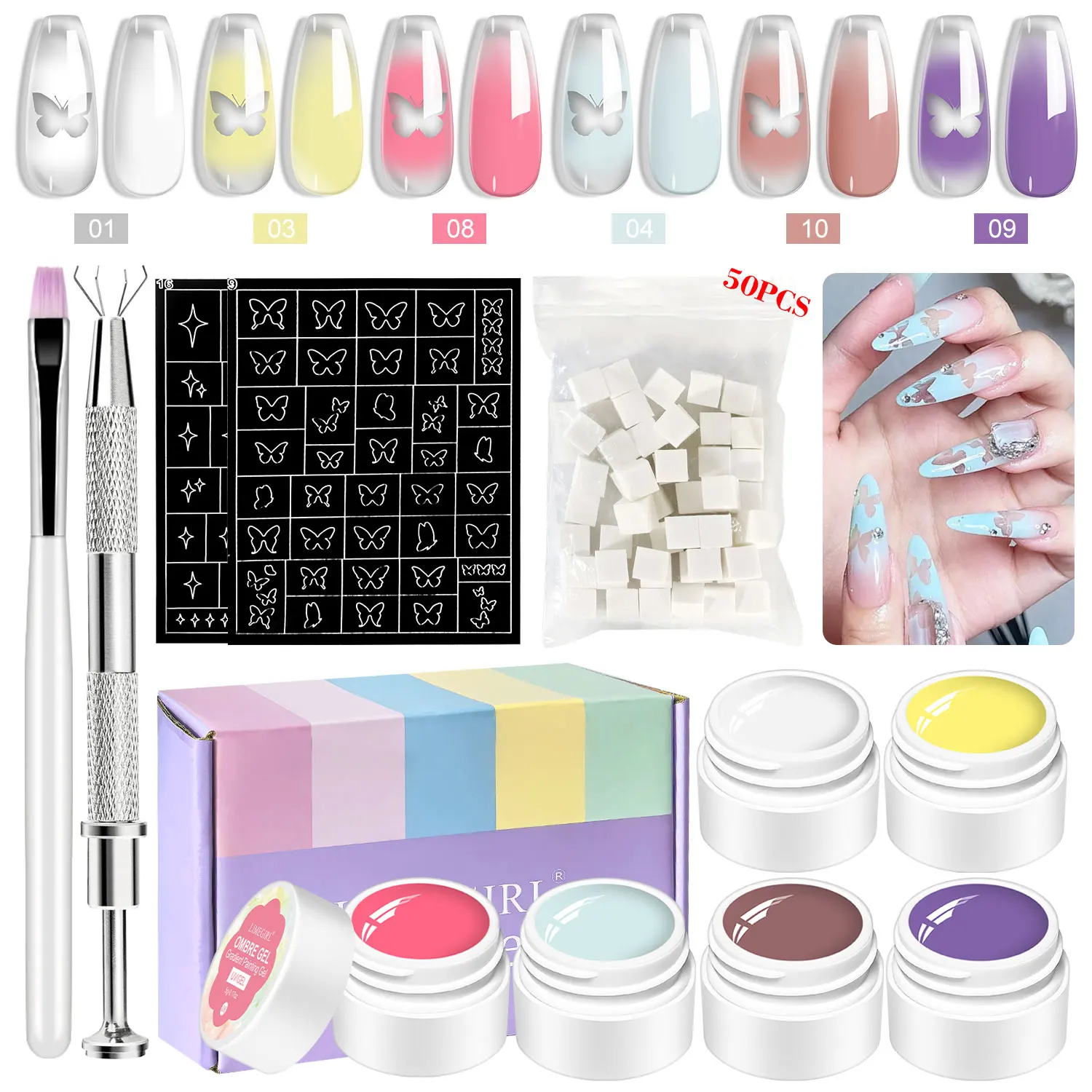 

LIMEGIRL Gradient Painting Gel 6 Colors Ombre Gel with 50PCS Nail Sponges & Metal Claws for Nail Art Ombre Nails French Manicure