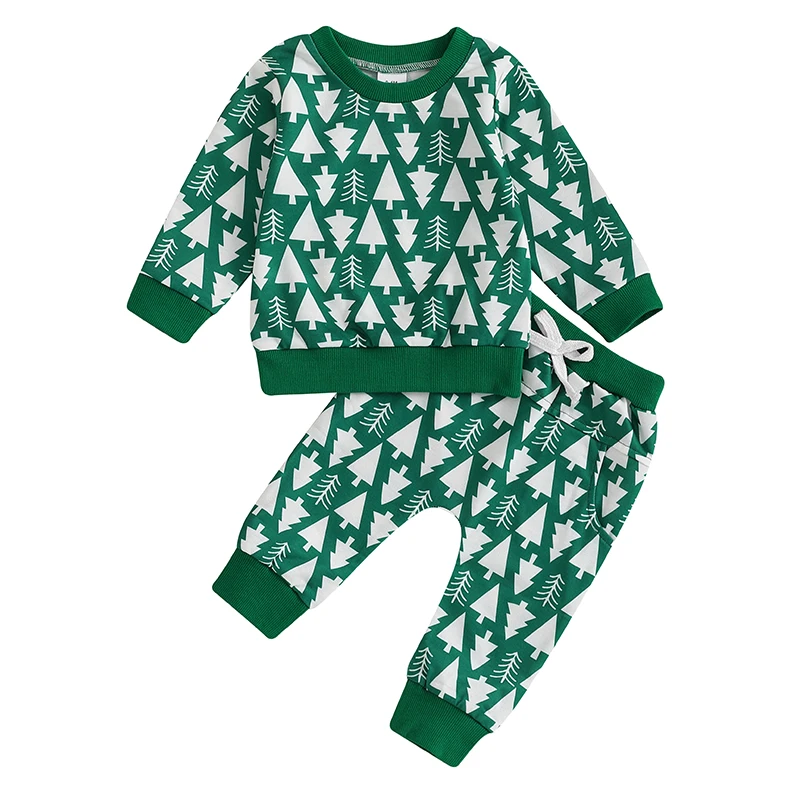 

Boys Christmas Pants Sets Long Sleeve Christmas Tree Santa Claus Print Sweatshirt Drawstring Pants Sets