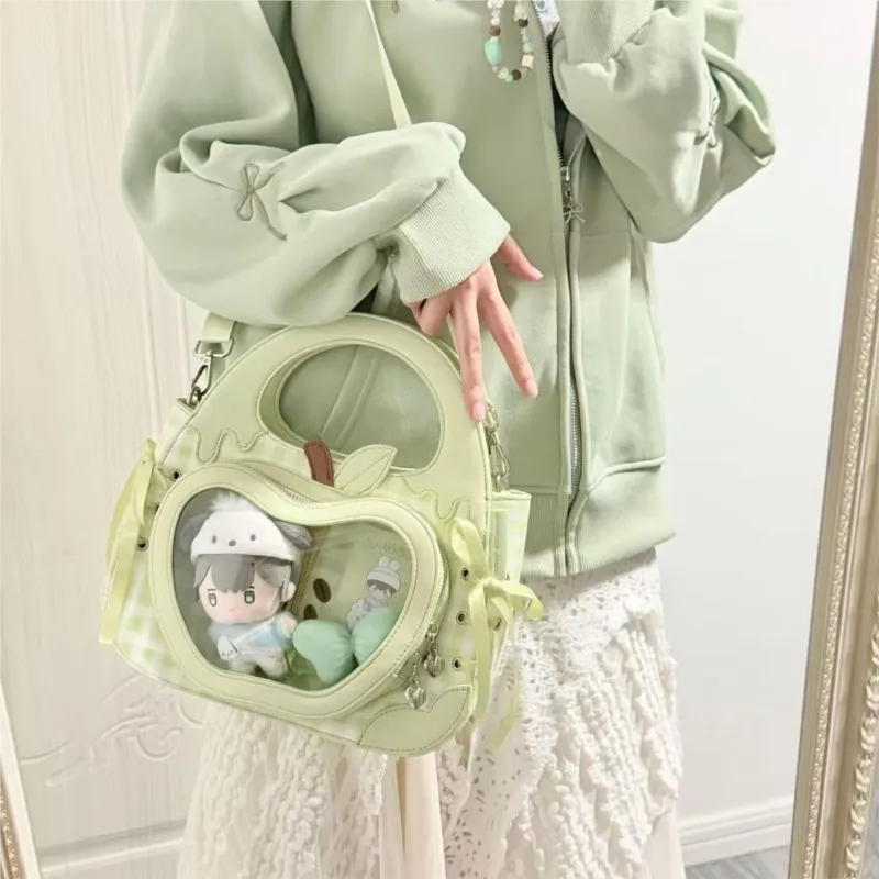 Cartoon Apple Plaid Handbag Women Anime Transparent Large Capacity Ita Bag Ladies Sweet Cute Tie Bow Youthful Crossbody Bag Chic