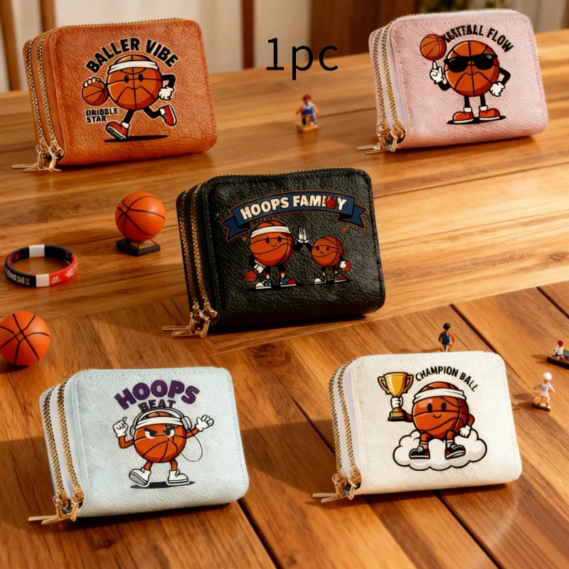 1pc Basketball Enthusiast Classic Lychee Pattern Zero Wallet Organ Bag Double Zipper Multi functional Basketball Male and Female