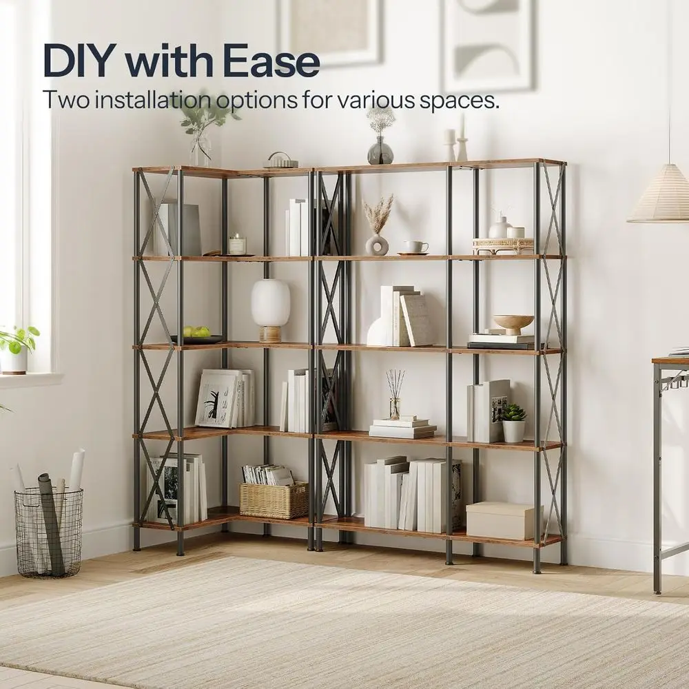 5-Tier L-Shaped Bookshelf, Industrial Style Open Display Storage, Tall Rack for Living Room/Home Office, Rustic Brown & Black