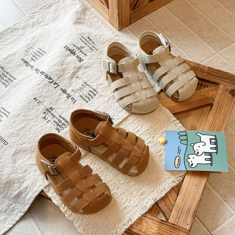 

New Summer Kids Suede Sandals Boys Girls Fisherman Shoes Soft Sole Beach Walking Roman Footage Hook and Loop Casual Footwear