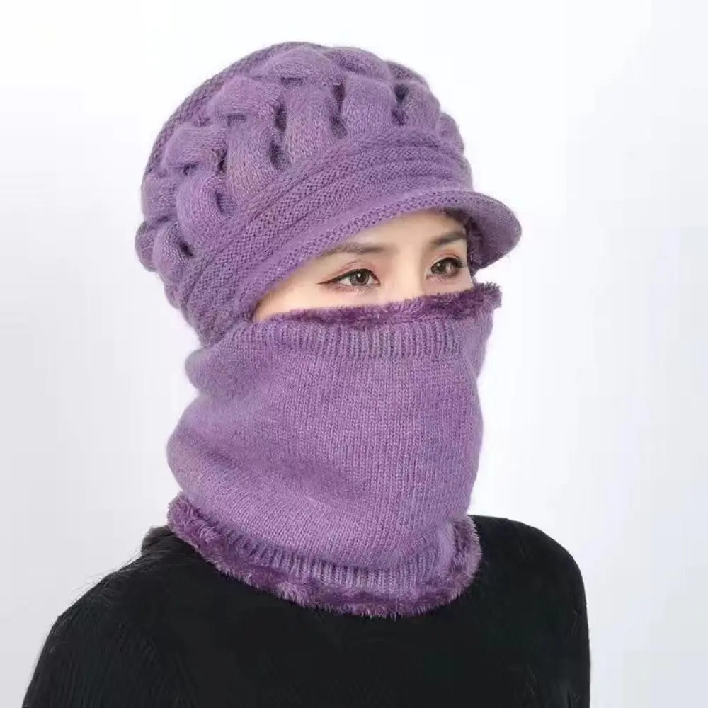 Fashion Winter Knitted Hat with Windproof Brim Warm Ear Protection Hat Thicken Fleece Lining Neck Warmer Set For Women