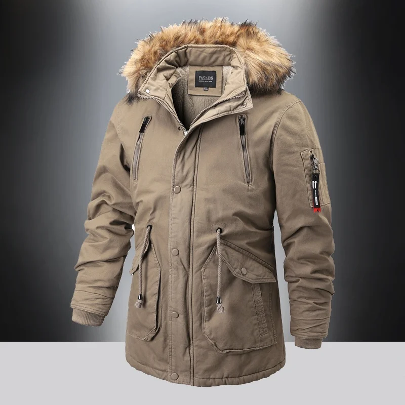 

Men's Winter Thiened Fce Lined Cotton Jaet Long Version Outdoor Casual Wear Warm And Windproof Workwear Sle Coat