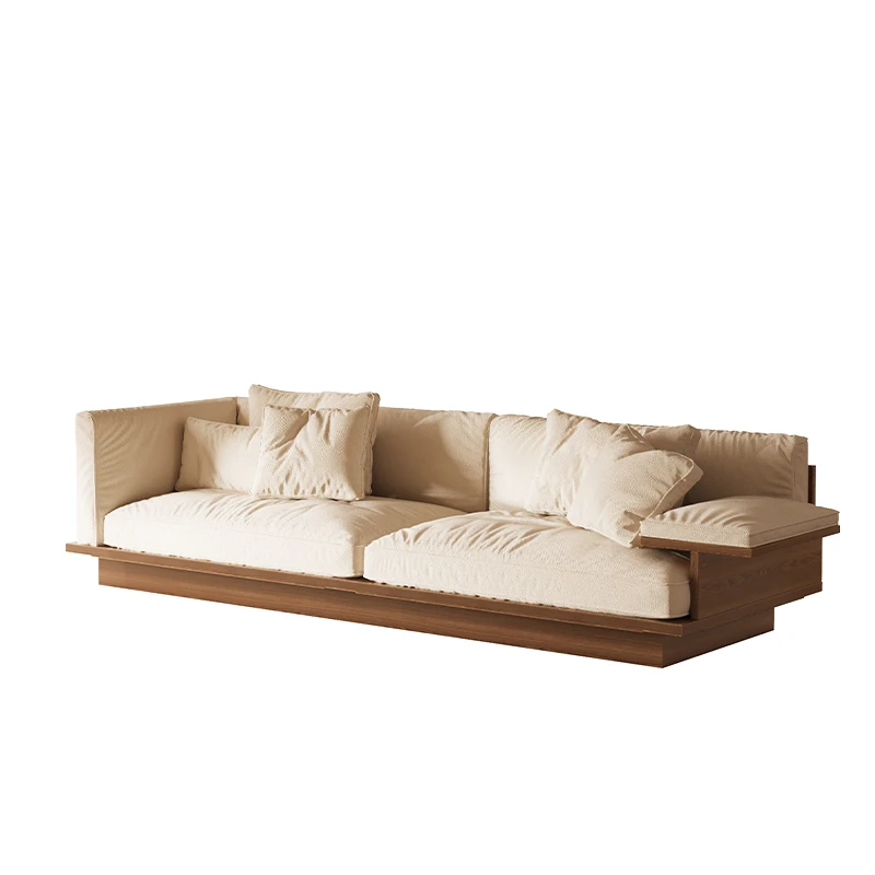 Solid wood fabric family living room full set of three-person straight sofa