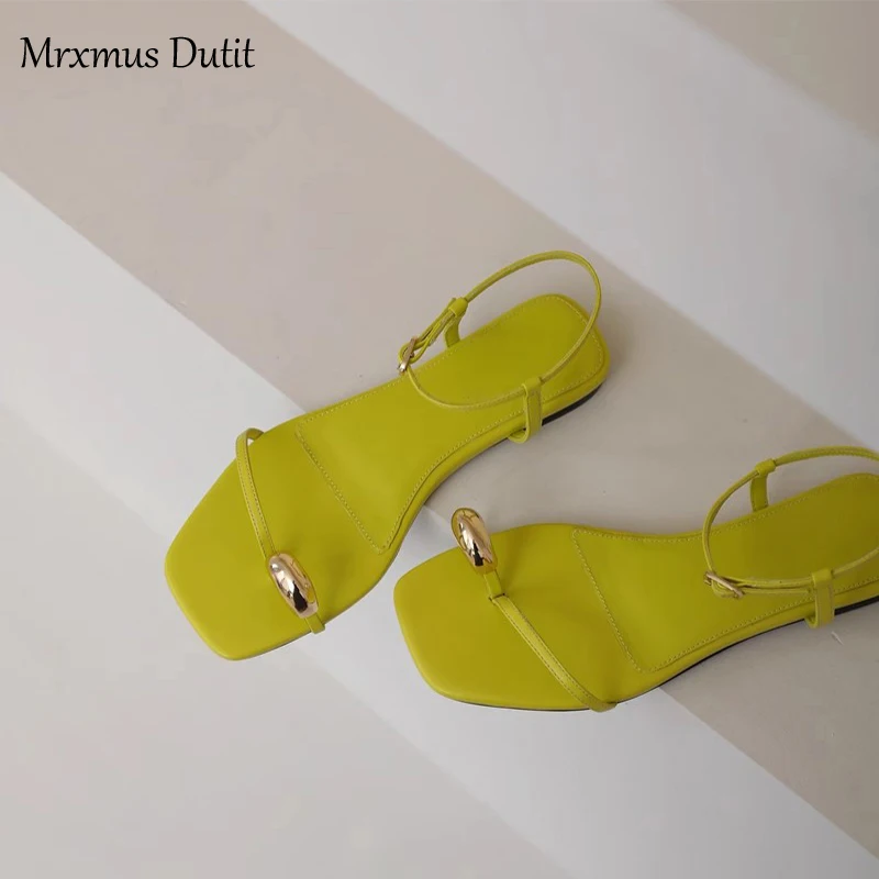 Mrxmus Dutit 2023 Summer Fashion New Women Genuine Leather Fine Ribbon Square Head Flats Simple Sandals Casual Shoes Female Chic