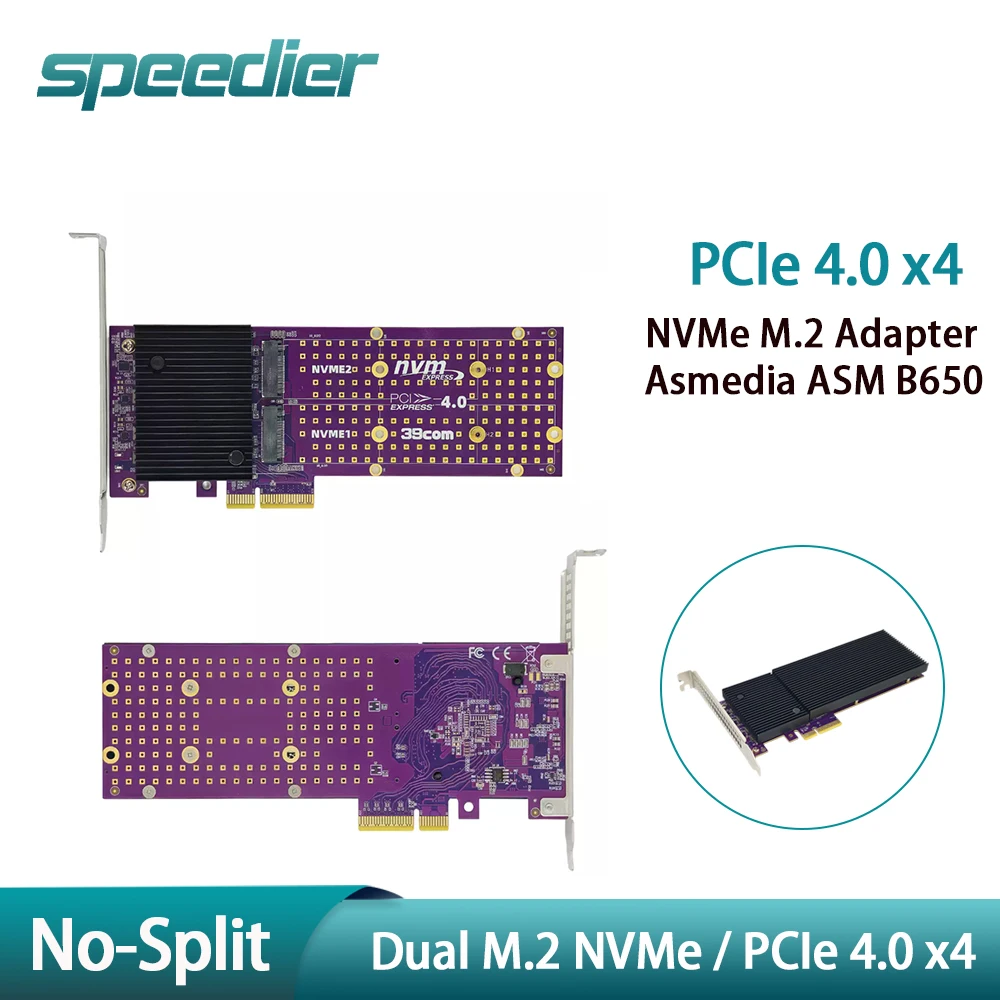 PCIe 4.0 2-Slots NVMe Adapter Expansion Card ASM B650 No-Split + Cooling Heatsink for 2242/2280/22110 SSD NAS AI Video Server