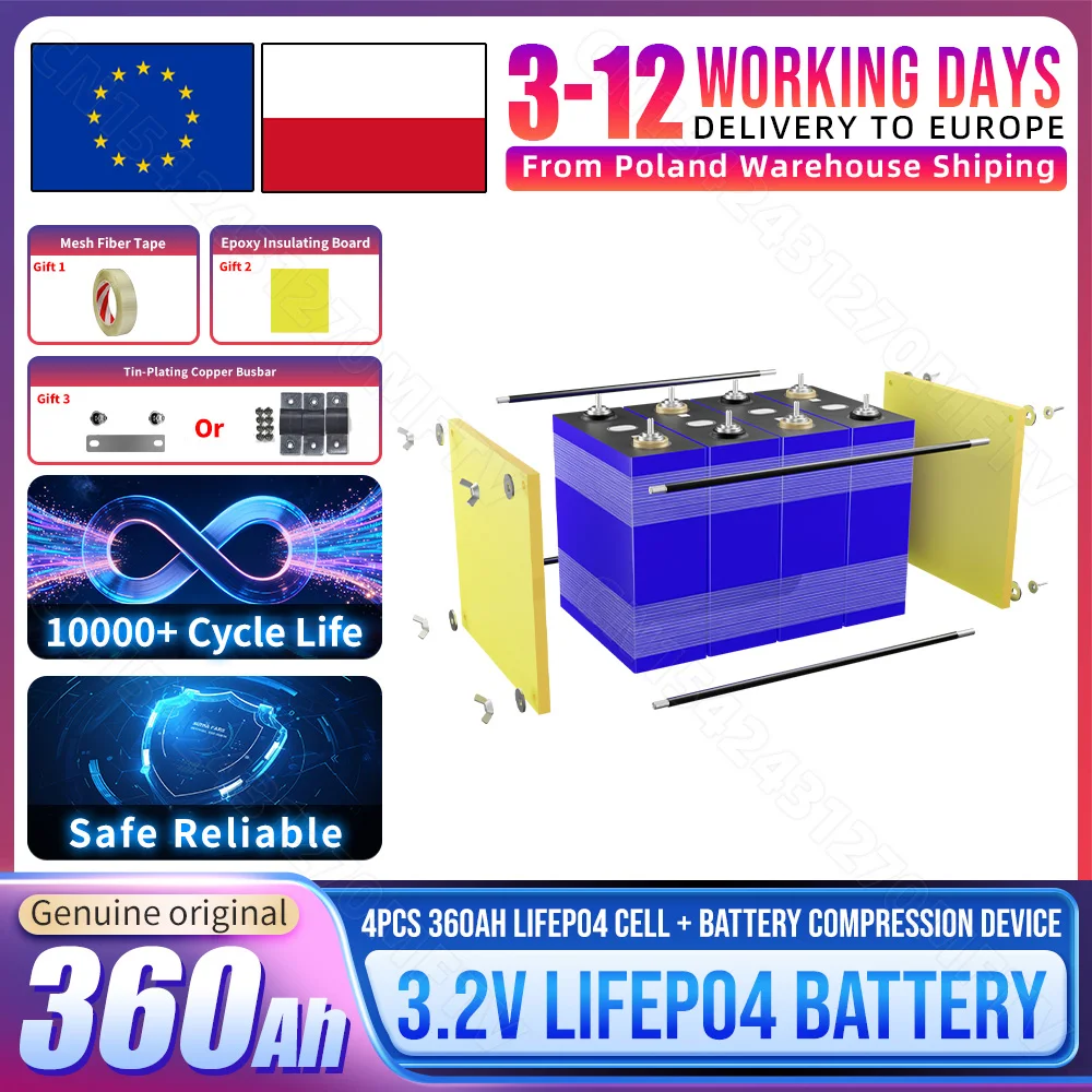 3,2V 360Ah Lifepo4-Batterie mit Kompressionsvorrichtung, 10000+ Zyklen, Klasse A LFP-Zelle, DIY 12V 24V 48V für Wohnmobile, Boote, Camping, Solar-Heimenergiespeicher, Golfcart-Batterie