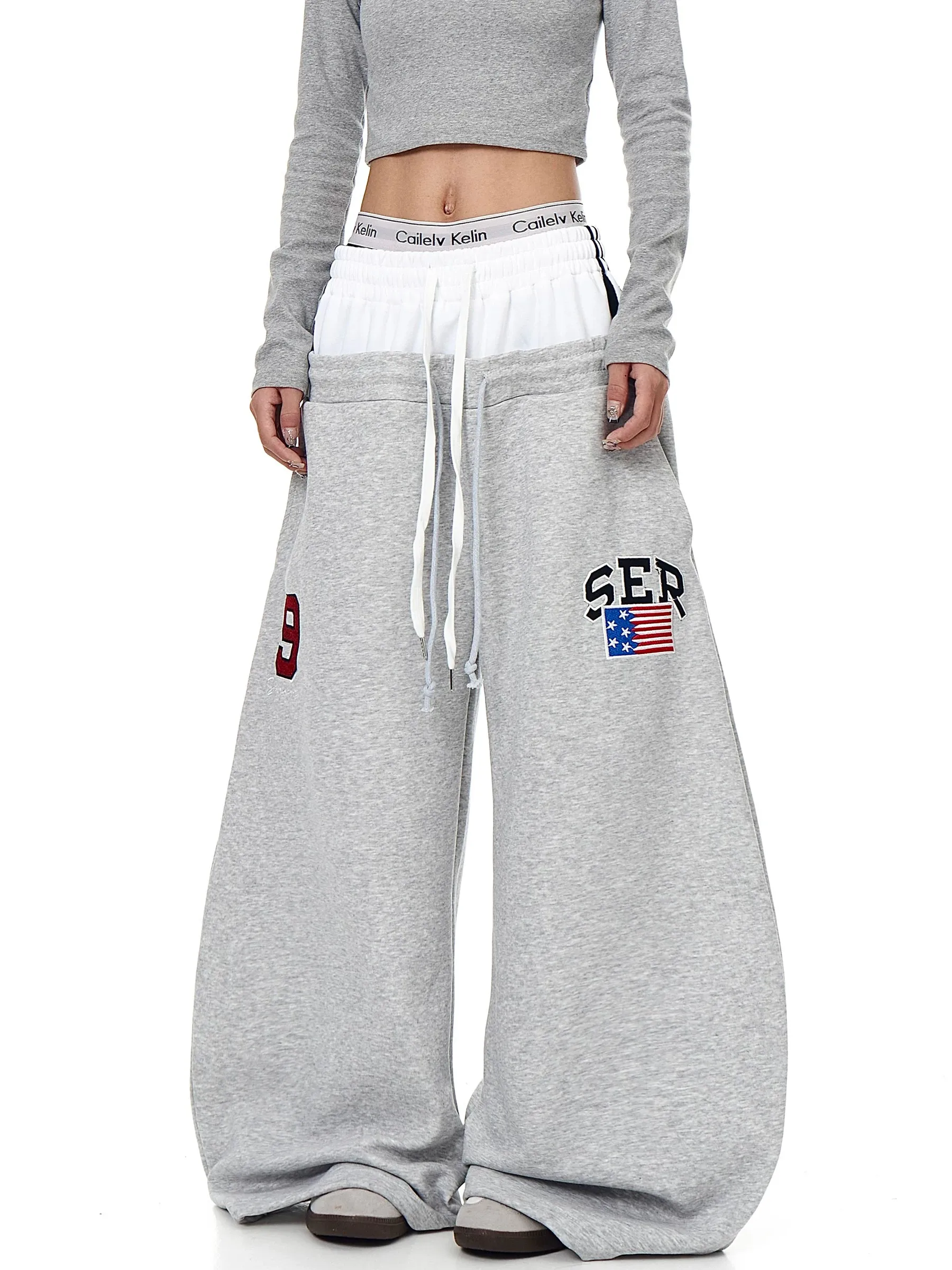 

Loose Wide Leg Pants American Dual Waist Design Letter Embroidery Jazz Dance Casual Sweatpants Unisex Trendy Trousers