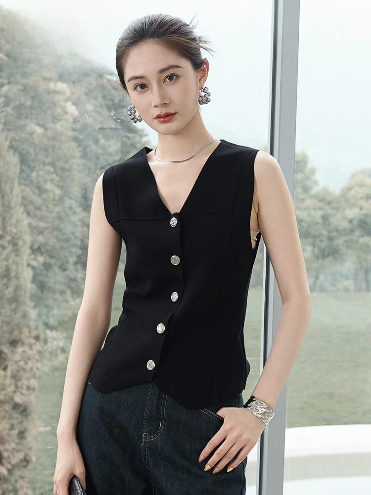 

My T 2025 Spring Summer New Pure Color V-ne Single Button Women's Vest Faionable Svel Lapel Commuting Jaet