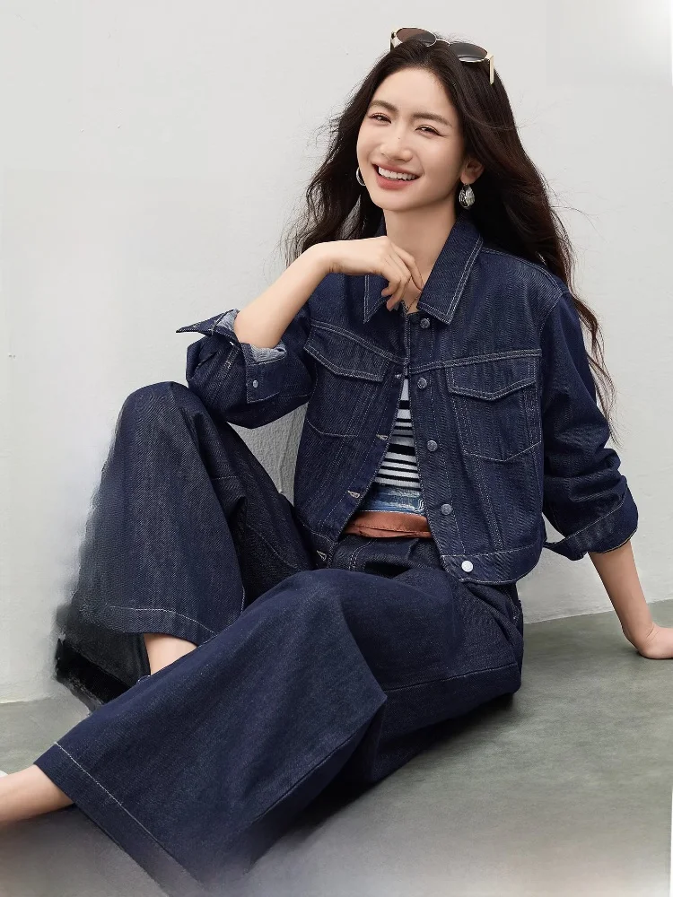 

Women's Spring New Loose ort Denim Jaet And Wide Leg Jeans Two-Piece Set Casual Faion Outerwear And Bot Combo