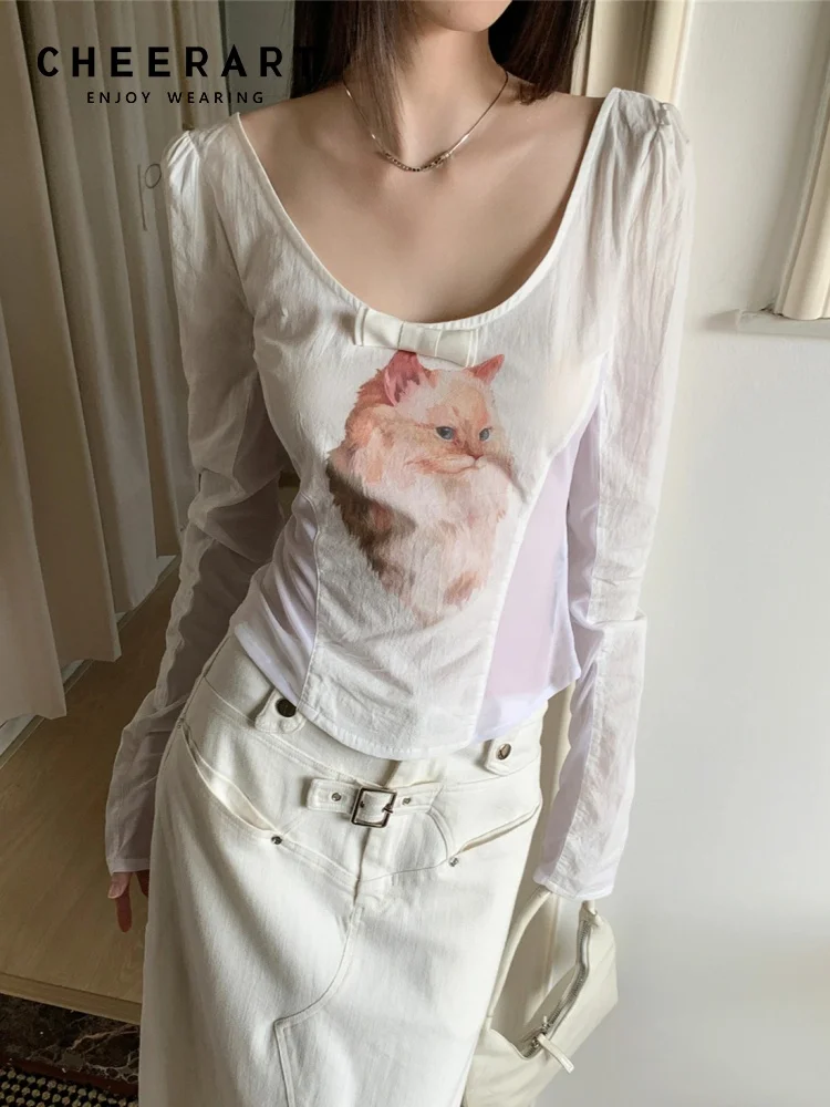 

CHEERART Топ с пышными рукавами и принтом кота и животного для женщин, футболка с открытой спиной и длинными рукавами, дизайнерская модная футболка Y2k, весенне-летняя одежда