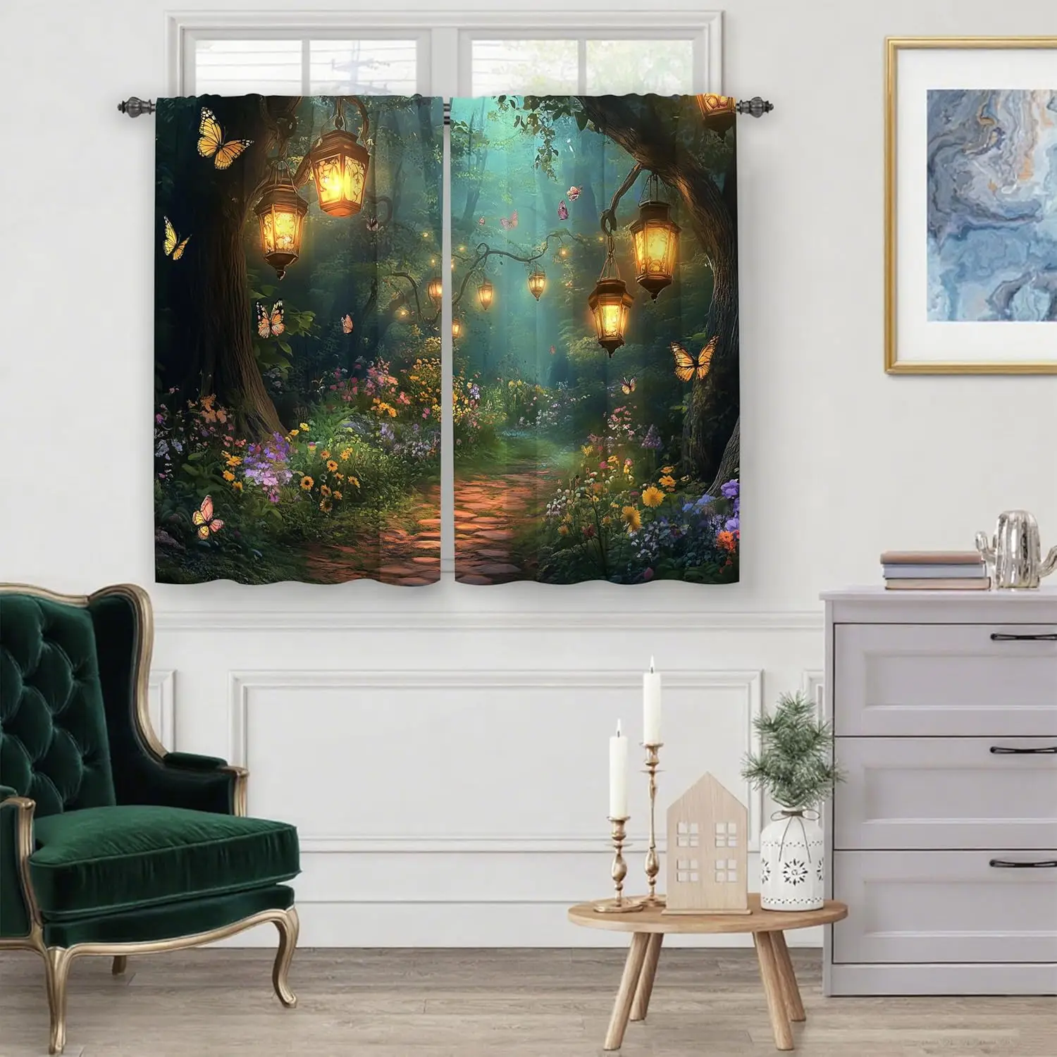Enchanted Woodland Forest Curtain Panel Magical Fairy Lantern Window Dressing Polyester Home Decor Cottagecore Style