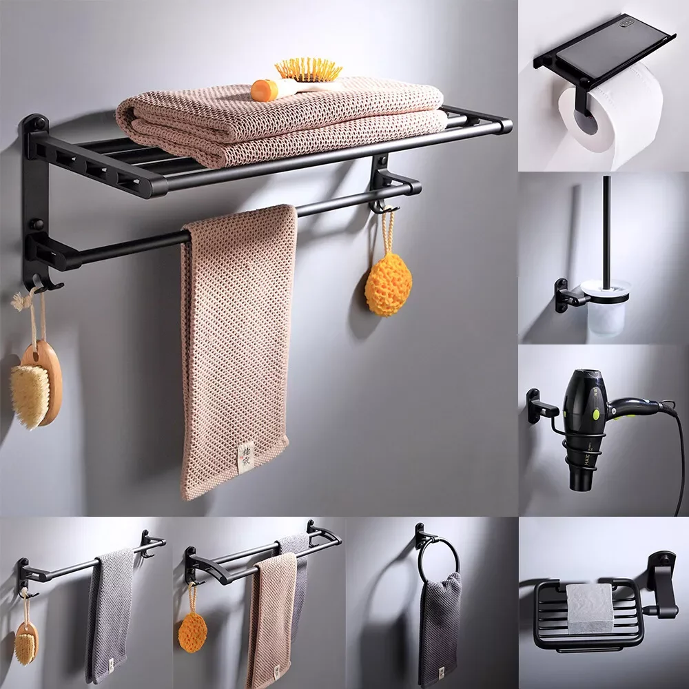 

9PCS Wall Mounted Bathroom Hardware Bath Accessory Set Black Aluminum Towel Bar Towel Holder Bathroom
