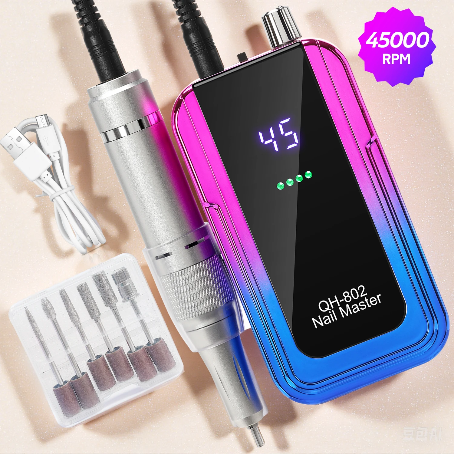 45000RPM高速ネイルドリルマシンセット プロ仕様 安全 ネイルポリッシュサンダー ネイルドリルビット 電動メタルマニキュアペン