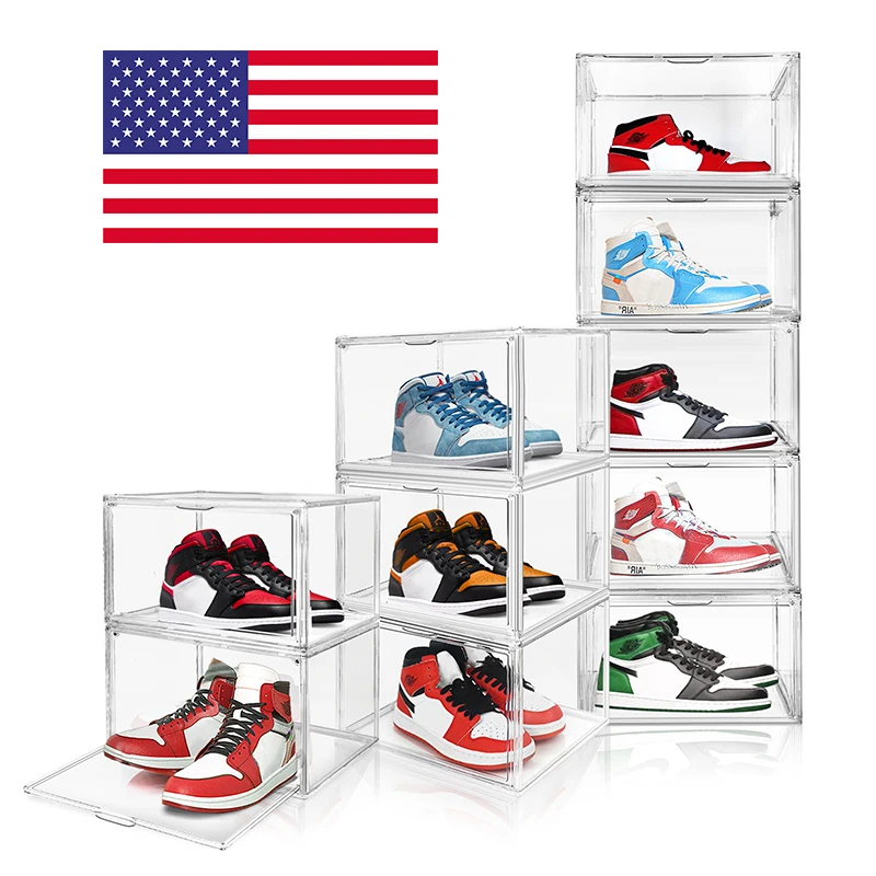 

10pcs US Overseas Transparent Acrylic Mulitifuntic Stackable Bag Storage Box Side Magnetic Door Display Shoes Rack
