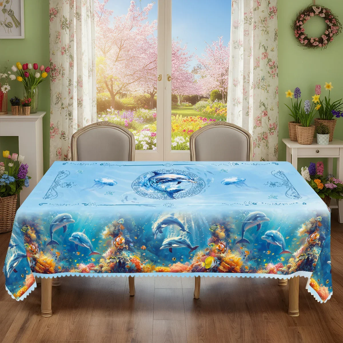 1pc Underwater World theme tablecloth, durable polyester tablecloth, dolphins, tropical fish, yzb
