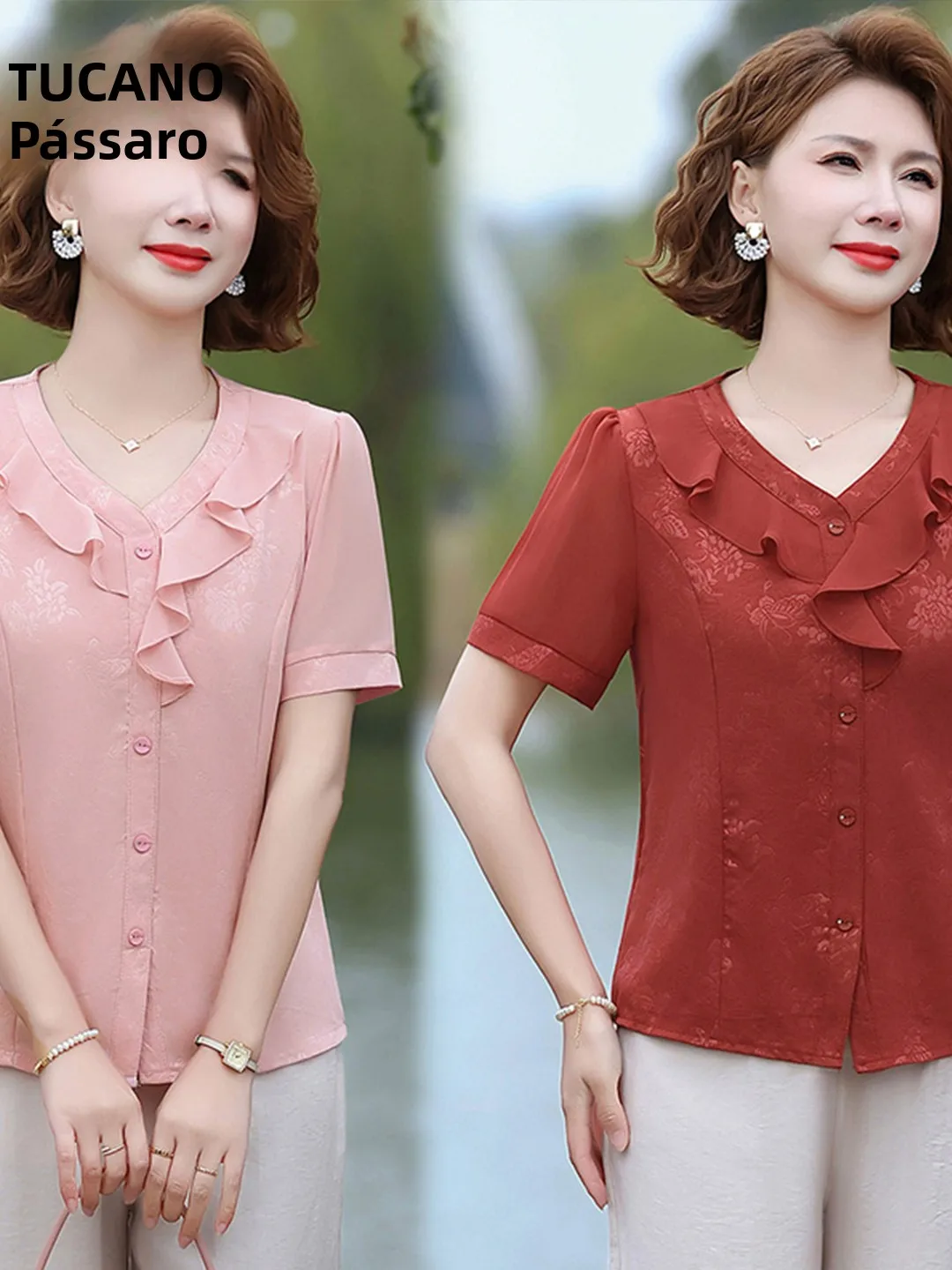 Camisa Solta de Verão para Mulheres TUCANO Fashion Mommy com Decote em V e Manga Curta, Elegante e Respirável em Fibra de Pol...
