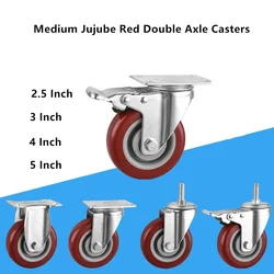 4 Pcs/Lot 2.5/3/4/5 Inch Medium sized Jujube Red Casters Bearings 330KG Silent Flat Plate Manual Trailer Universal Wheels Brakes