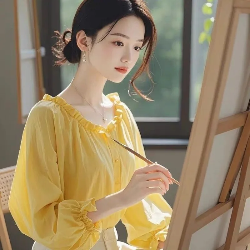 

Women Spring Summer Simplicity Office Lady Solid Color Long Sleeve Chiffon Shirts Ladies Fashion All-match Temperament Tops
