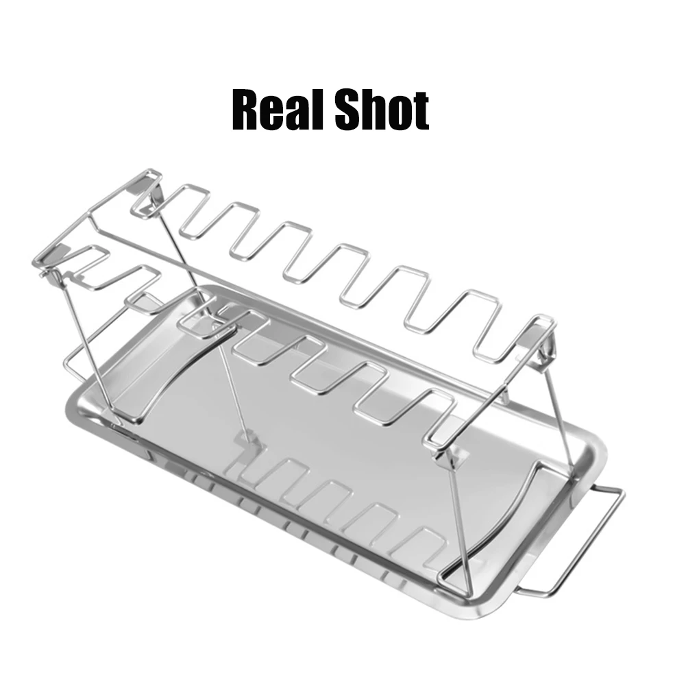 Griglia per cosce di pollo per griglia con vassoio antigoccia cremagliera per bacchette pieghevole in acciaio inossidabile 430 14 slot supporto per