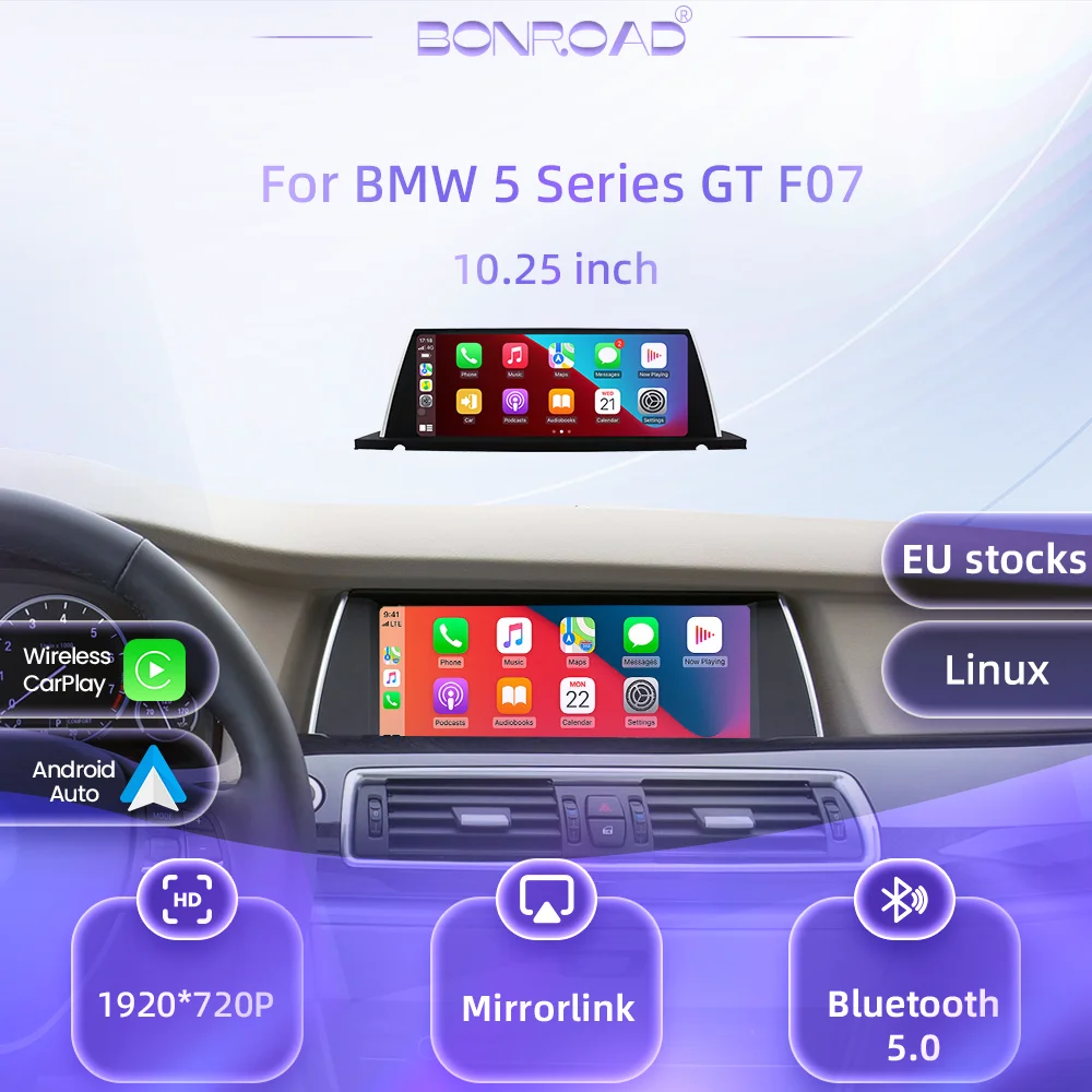 BONROAD, autoradio con schermo touchscreen multimediale Linux, compatibile con CarPlay wireless, display da 10,25 pollici, risoluzione 1920x720, per BMW Serie 5 GT F07 NBT CIC, con navigazione GPS,
