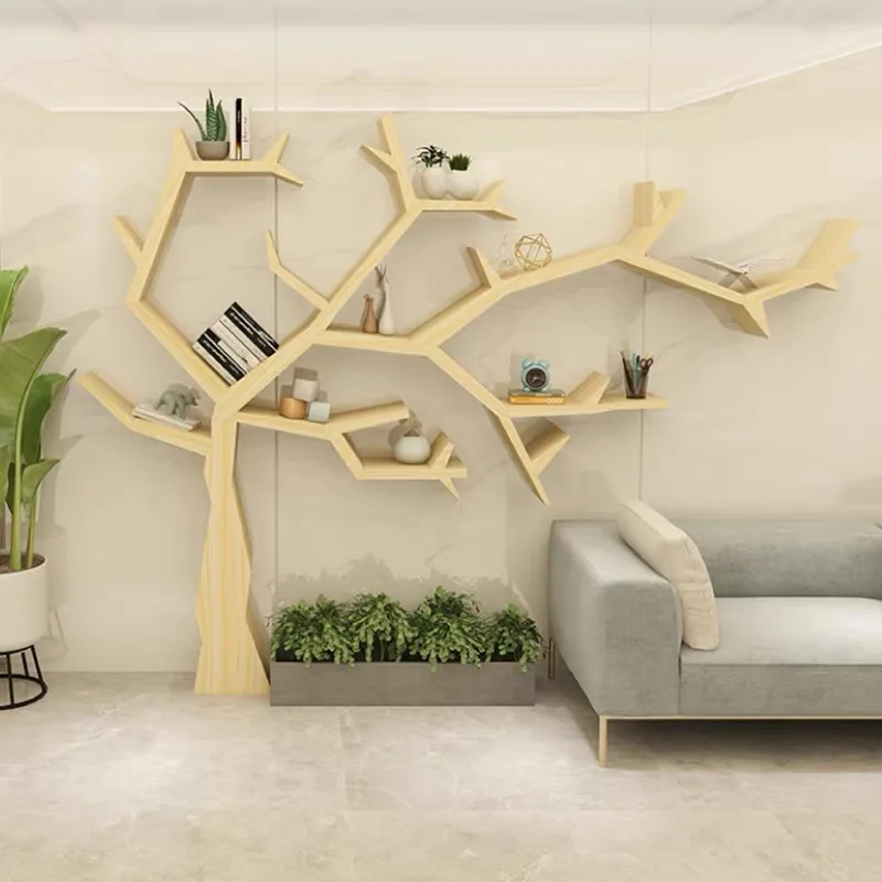 Simple solid wood tree bookshelf office living room sofa creative wall floor tree trunk shelf decorative shelf