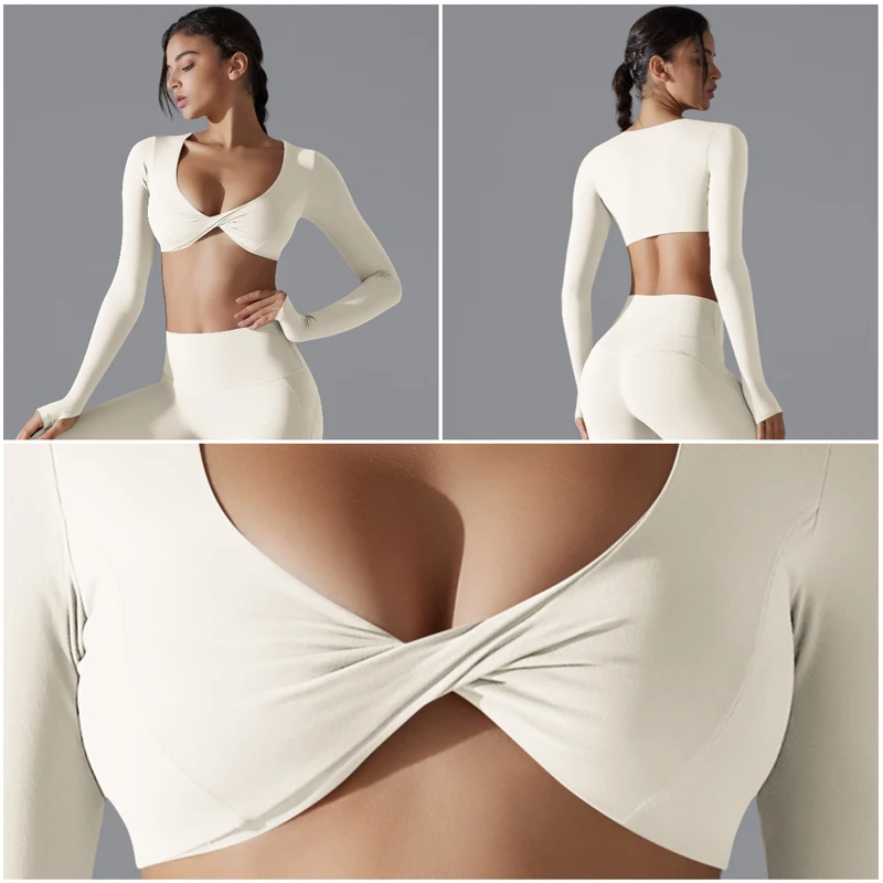 VITALINOVO Langarm Gym Crop Tops für Frauen Twist Deep V Workout Crop T-Shirt Top Schnell trocknend gepolstert Sport Fitness Yoga Top – Detail 23