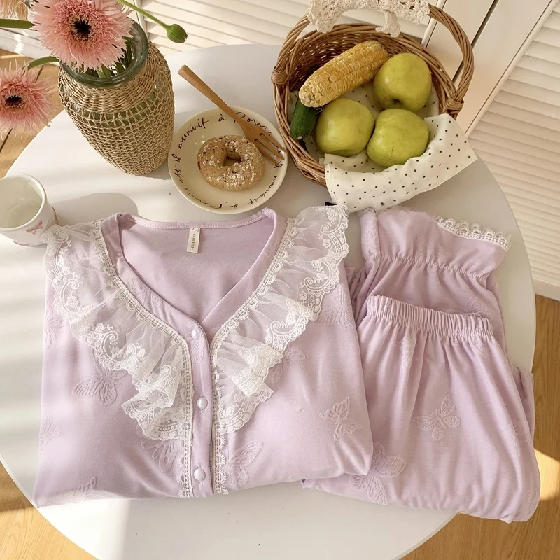 

2025 New Women's Spwear Set Long Sve Long Pants Cardigan Sweet Princ Sle Korean Loose Home Clothes Ensemble