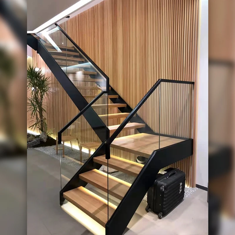 

Custom-made straight beam double beam glass guardrail staircase indoor household jump villa attic rotating modern steel and wood