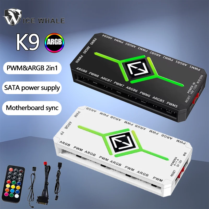 ICE Whale K9 1 to 9 SATA Power Interface Distributor 4Pin PWM 3Pin Addressable ARGB PWM and ARGB Chassis Fan Remote Control HUB