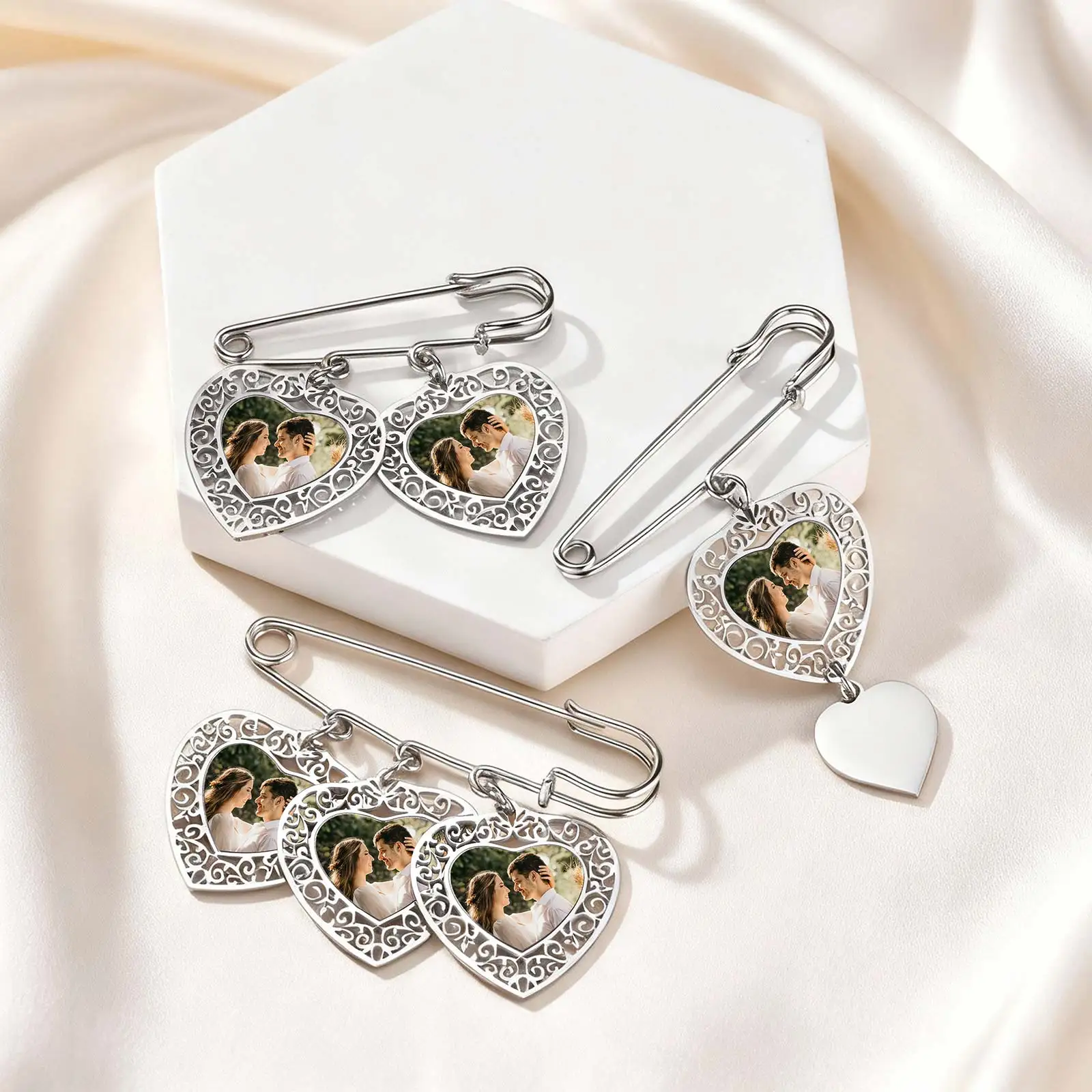 Wedding Boutonniere Bouquet Customize Photo Charm DIY Pin Brooch Heart Stainless Steel Paper Clip Brooch for Couple Family