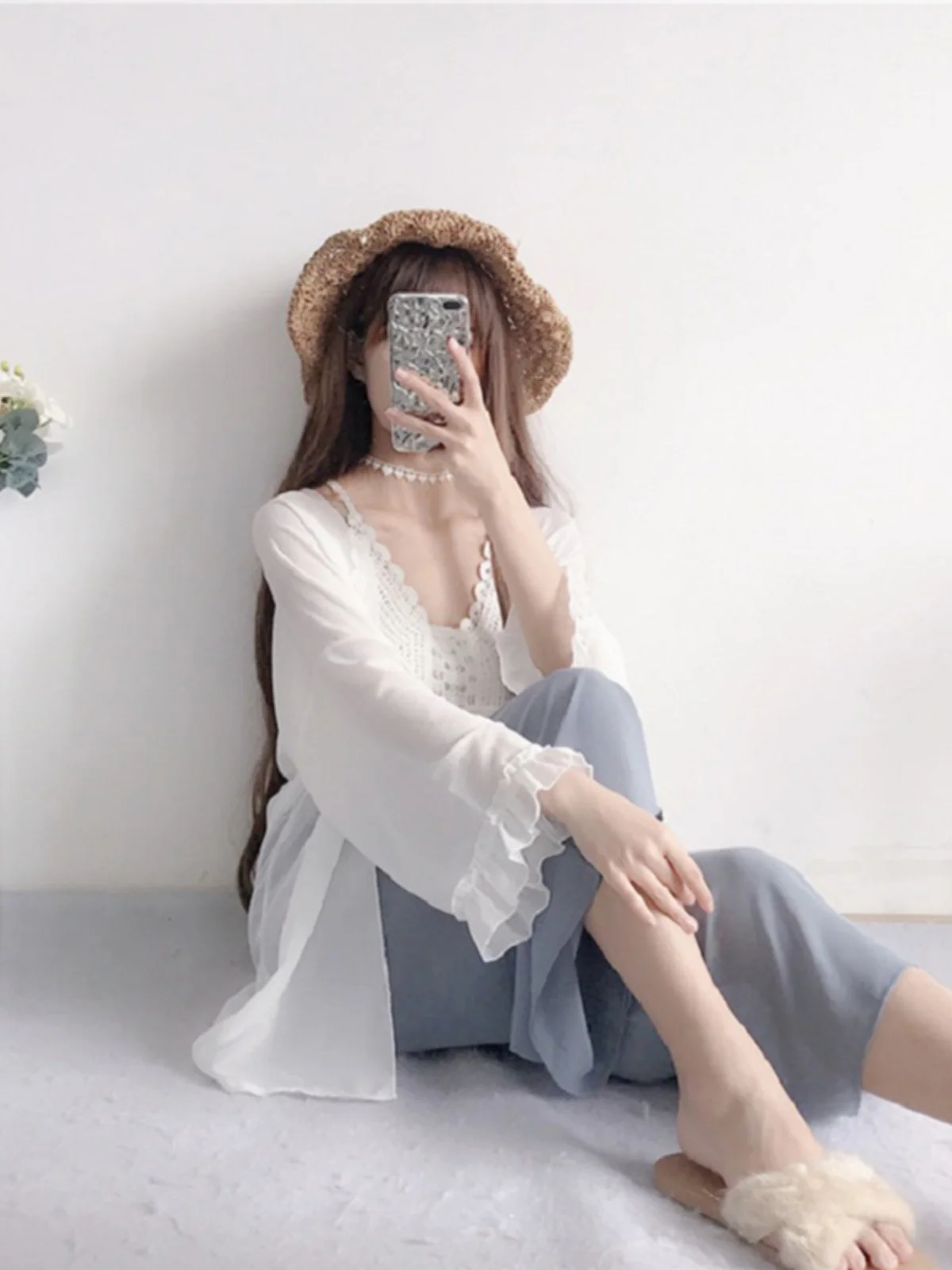 

Ele Mid-Length Women's Chiffon Sun Protection irt Faionable Outerwear oulder Padded Open Cardigan Korean Sle Loos...