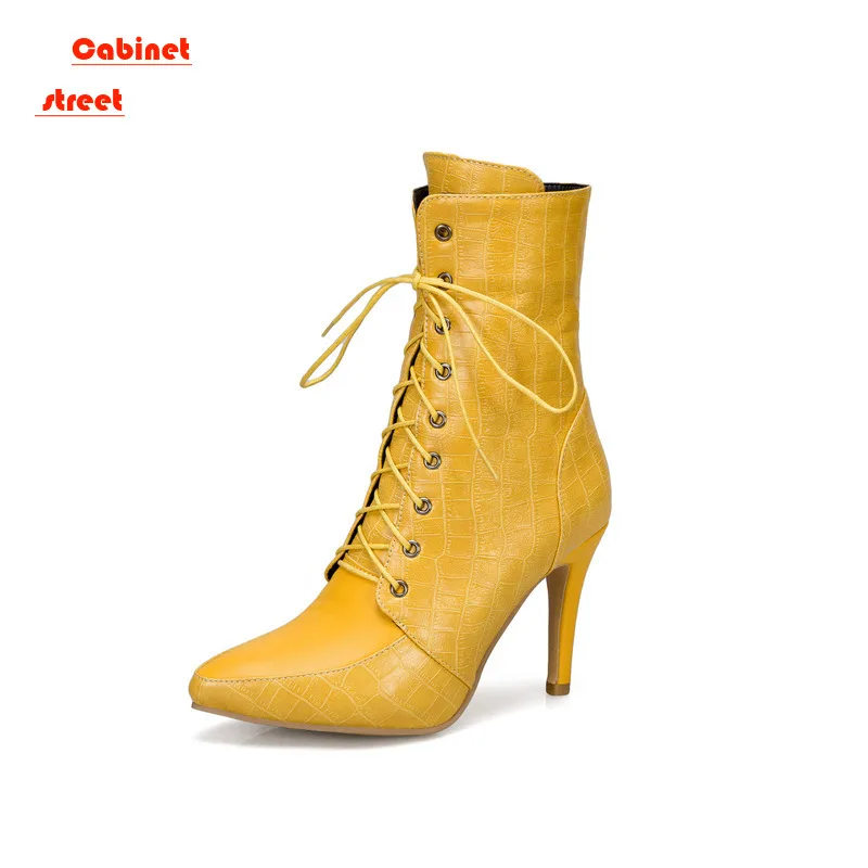 

2024 Western Ankle Boots Sexy High Heels Lace-up Pointed Stone Leather Boots Fall New Spice Girl Style Fashion Boots Women