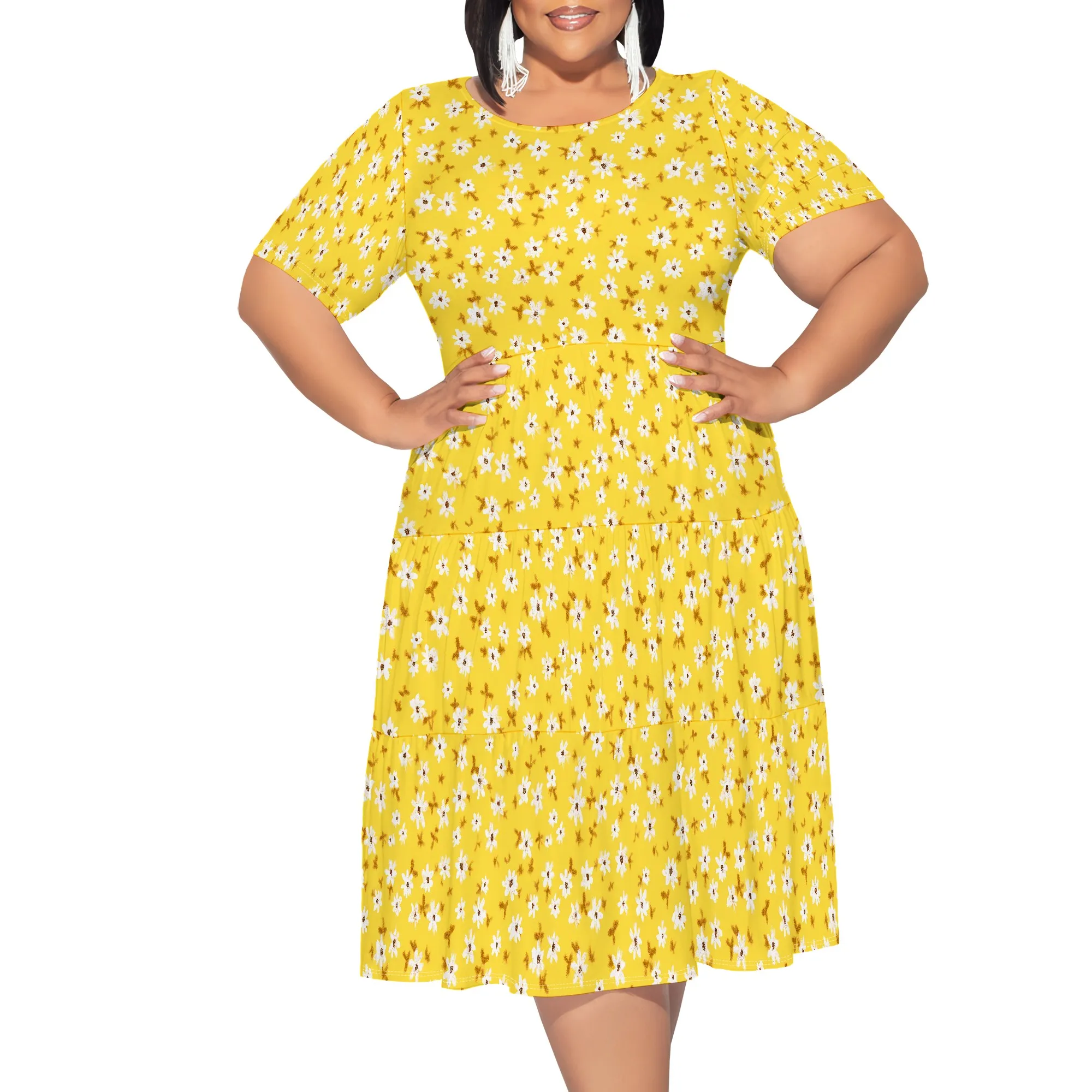 

Womens Plus Size Summer Dress 2025 Casual Short Sleeve Empire Waist Loose Fit Swing T-Shirt Dress with Pockets