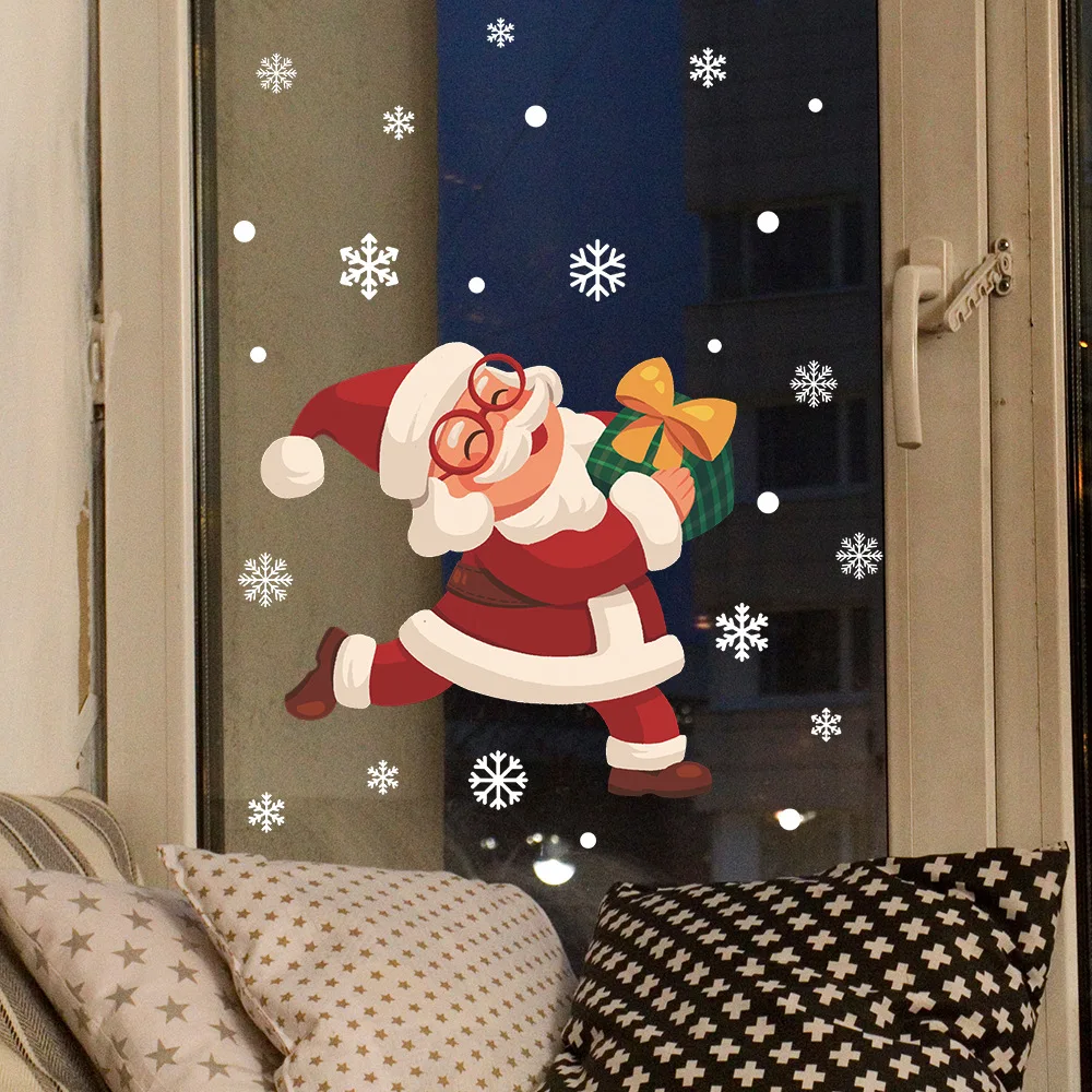 1pc Dancing Santa Claus Snowflake Gift Box Home Decoration Glass Doors and Windows Stickers