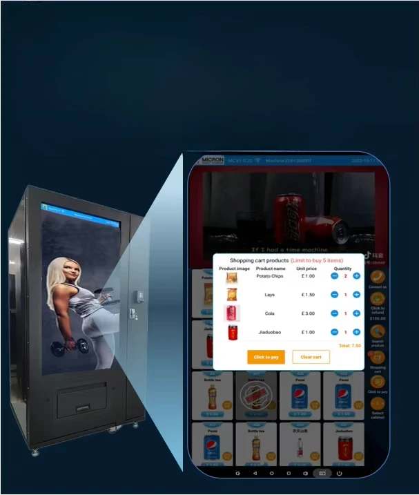 For Gyms Black Colour 55' Inch Touch Screen Elevator Combo Milk Shakes Salad Ready Meals Snacks and Energy Drink Vending Machine