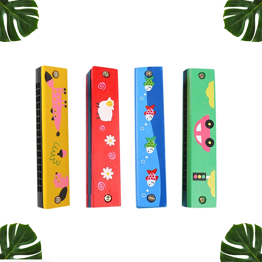 

4 Pcs Children’s Toys Wood Harmonica Wooden Double Row Kid Colorful Parent-child