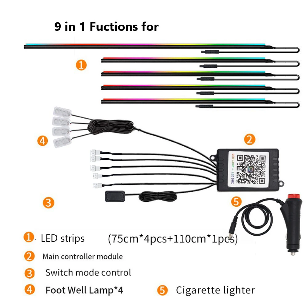 Car Interior Atmosphere Lights 9(6) in 1 RGB Hidden Acrylic Strip Symphony Atmosphere Lamps with APP Control DC12V/USB 5V. - view 3