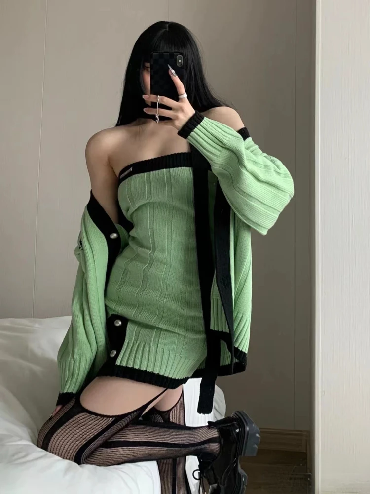 2023 Autumn Green Knitted Suits Casual Elegant Cardigan Top + Y2k Sexy Mini Dress Korea Fashion Clothing 2 Piece Dress Set New