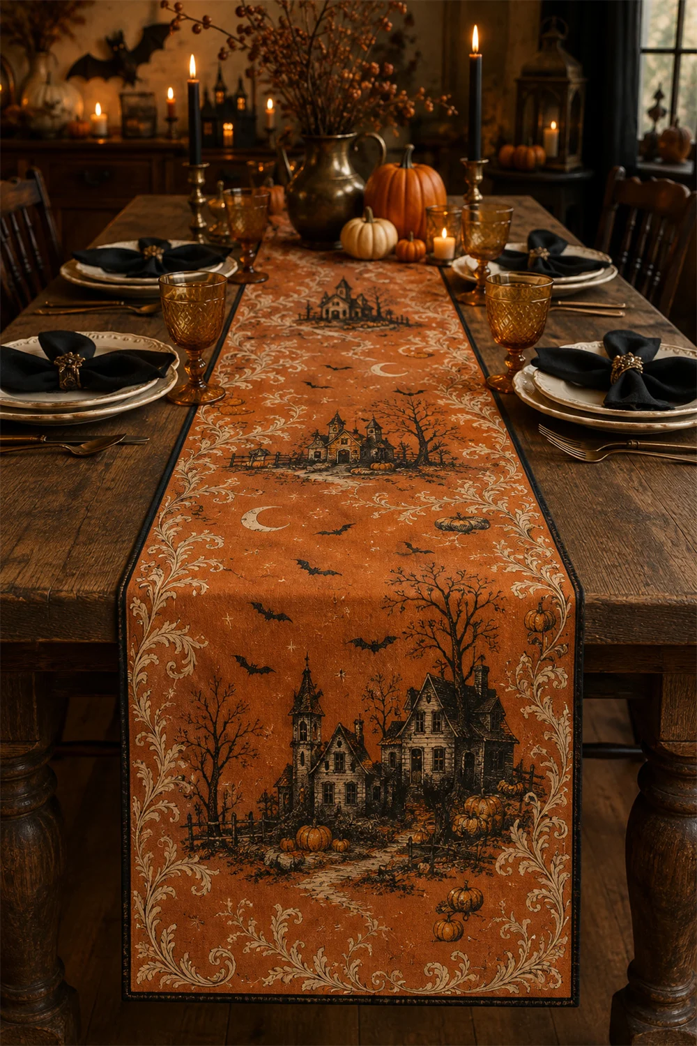 Halloween Table Runner Vintage Haunted House Village Pumpkin Bat Gothic Dining Table Decor Party Holiday Decoration