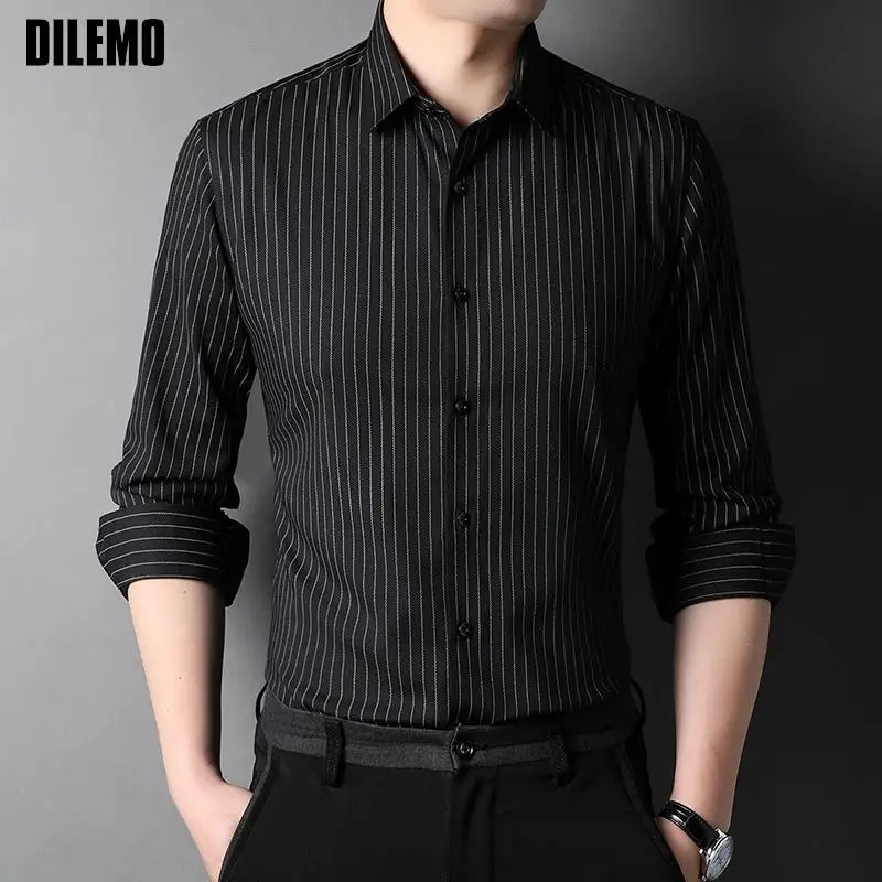 Top Grade New Fashion Brand Designer Slim Fit With Cufflinks Vertical Stripes Mens Shirts Casual Long Sleeve Men Clothing