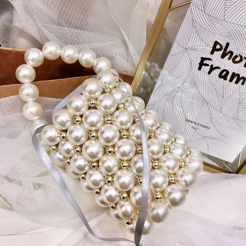 Acrylic pearls bag beaded Vintage bucket totes women plastic evening party Small mini handbag luxury brand wholesale white gold