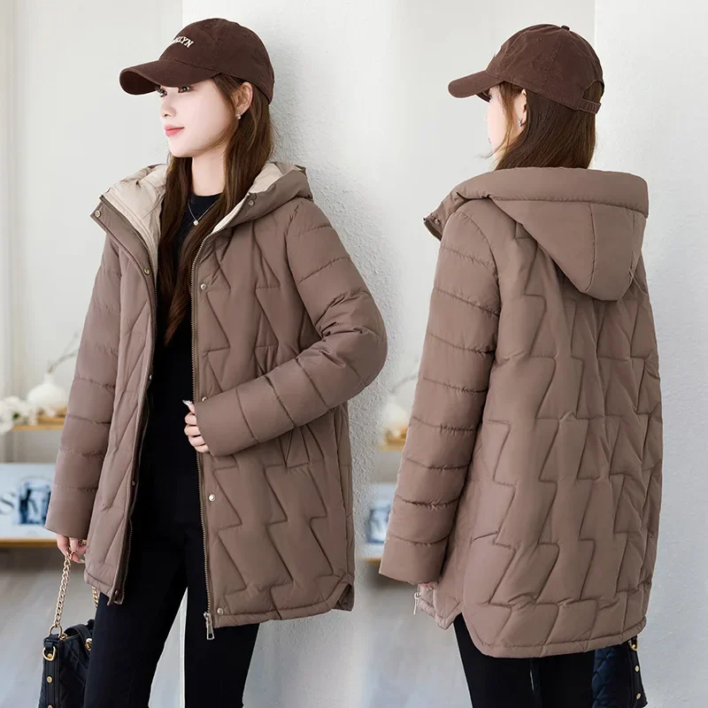 

Новая зимняя стеганая куртка женская с капюшоном толстая теплая куртка на молнии на пуговицах с двойной планкой парка свободное пальто средней длины