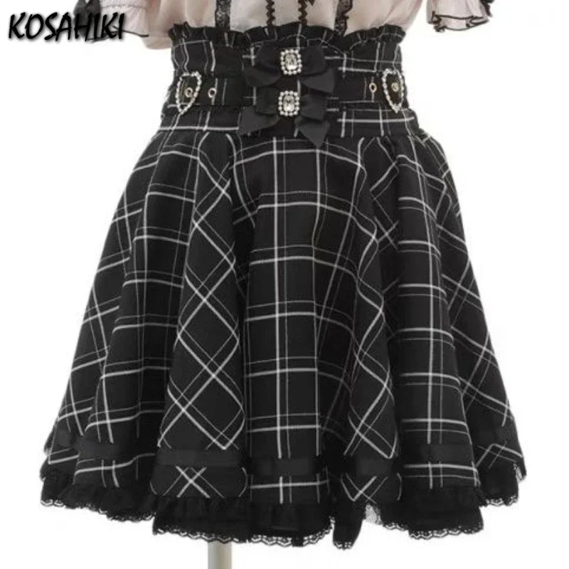 Y2k Esthetische Zoete Meisje Hoge Taille Mini Kant Patchwork Rok Slanke Vrouwen Plaid Streetwear Gothic Jk Saia Feminina Harajuku Jupe