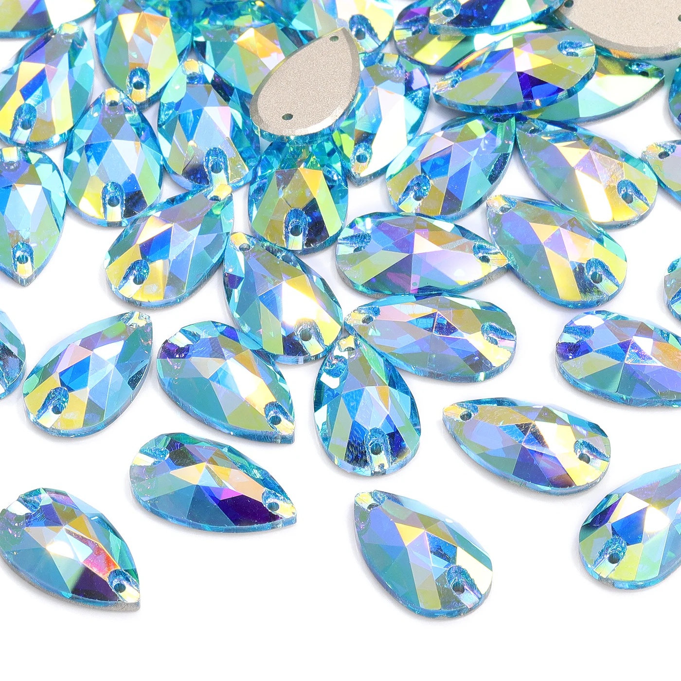 

QIYI Aquamarine AB Pear K9 Glass Sew On Rhinestones Crystal Flatback Sewing Strass Stones For Garment Wedding Dress