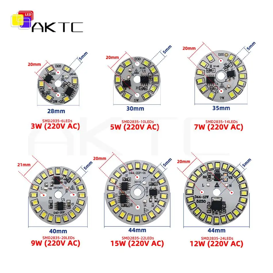 LED Lamps Bulb 2835 Chip Lights Board 220V AC 3W 5W 7W 9W 12W 15W Smart IC No need Driver Warm White Round Aluminum Source Plate