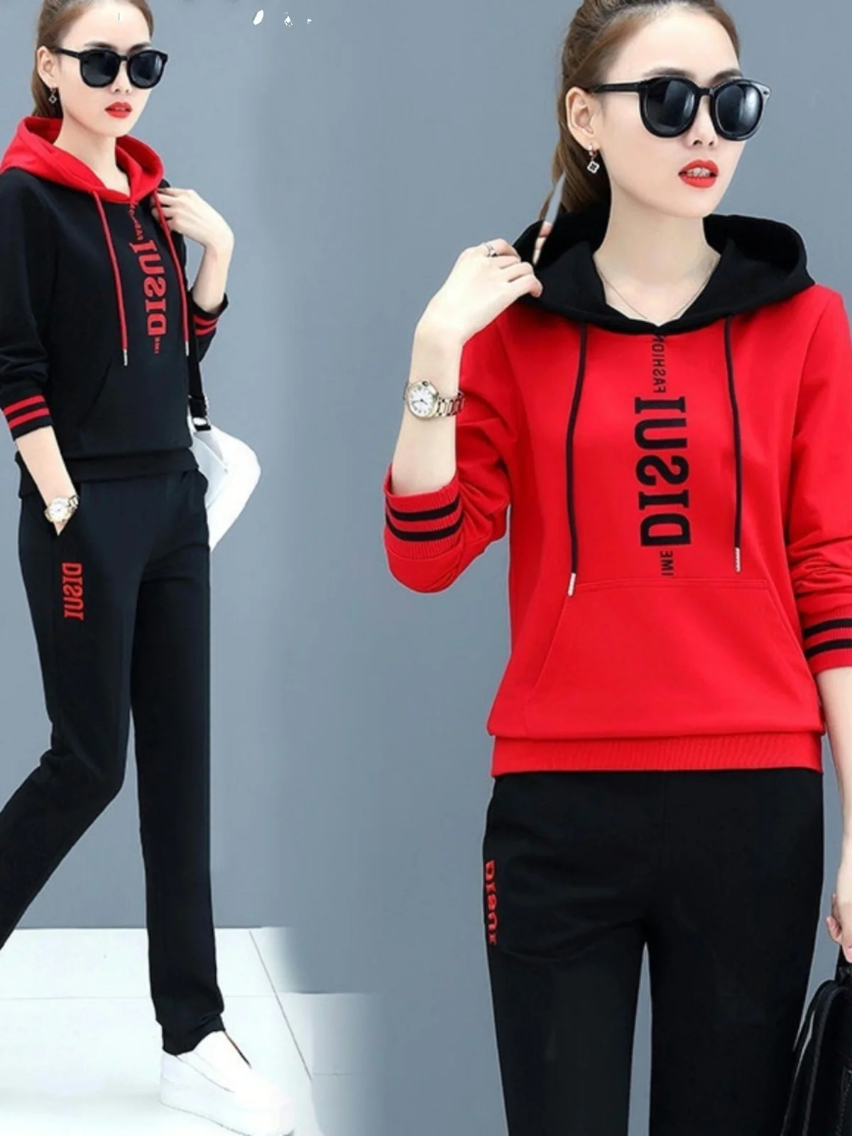 

Women's Casual Sportswear Set Spring Autumn Loose Slimming Running Thin Hoodie Versatile Two-Piece Suit Long Sve round Ne