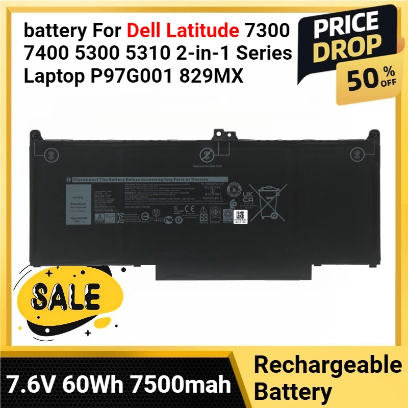 

7,6 В 60 Втч 7500 мАч MXV9V аккумулятор для ноутбука Dell Latitude 7300 7400 5300 5310 серии 2 в 1 P97G001 829MX